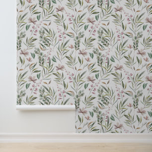 Papel Pintado Acuarela Color rosa Floral Verde Foliage Botánico