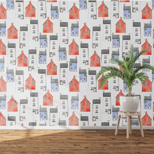Papel Pintado Acuarela de casas y casas de campo