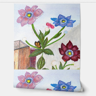 Papel Pintado Acuarela de flores con reposo de mariposa