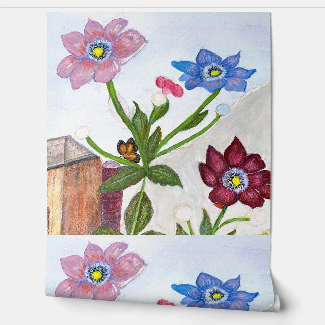 Papel Pintado Acuarela de flores con reposo de mariposa (Desenrollar)