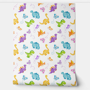 Papel Pintado Acuarela Dinosaurio Dino Mariposa Niña