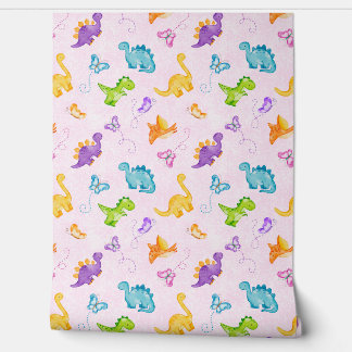 Papel Pintado Acuarela Dinosaurio Dino Mariposa Rosa Niña