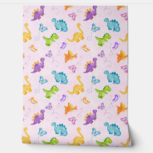 Papel Pintado Acuarela Dinosaurio Dino Mariposa Rosa Niña (Desenrollar)