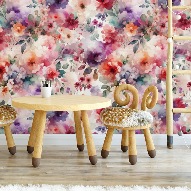 Papel Pintado Acuarela Encantada Floral Fairycore Garden (Enchanted Fairy Garden Watercolor Floral Wallpaper for a Fairycore-Themed Nursey)