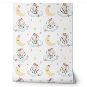 Papel Pintado Acuarela Floral rosa Nena elefante Nubes Estrellas