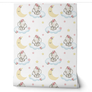 Papel Pintado Acuarela Floral rosa Nena elefante Nubes Estrellas