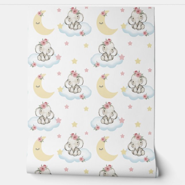 Papel Pintado Acuarela Floral rosa Nena elefante Nubes Estrellas (Desenrollar)