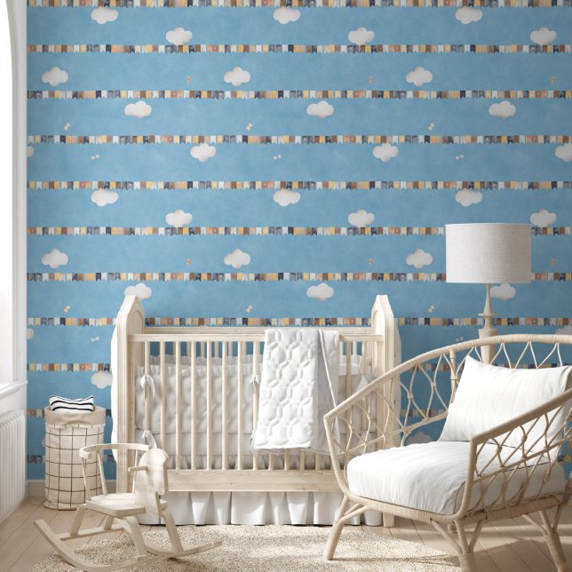 Papel Pintado Acuarela Garland Flags Nubes Nursera azul cielo (Niños)