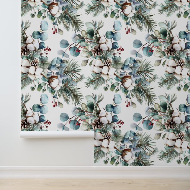 Papel Pintado Acuarela Navidad Algodón Pino Invierno  (Solicitud)