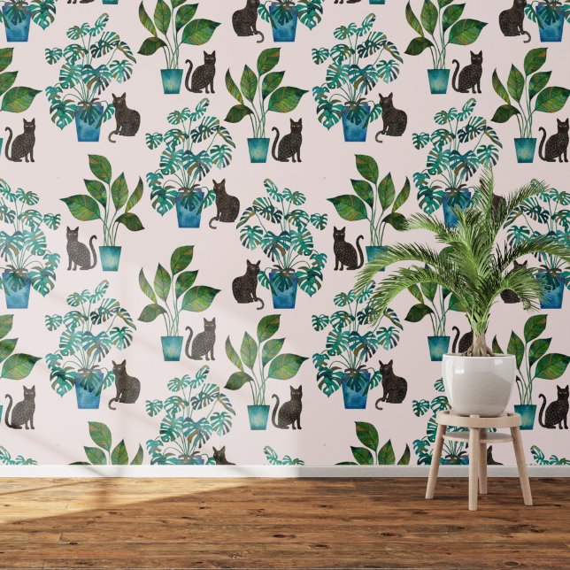 Papel Pintado Acuarela Negro Cat Monstera Hogar Pink (Black cat with monstera houseplant watercolor  art wallpaper)