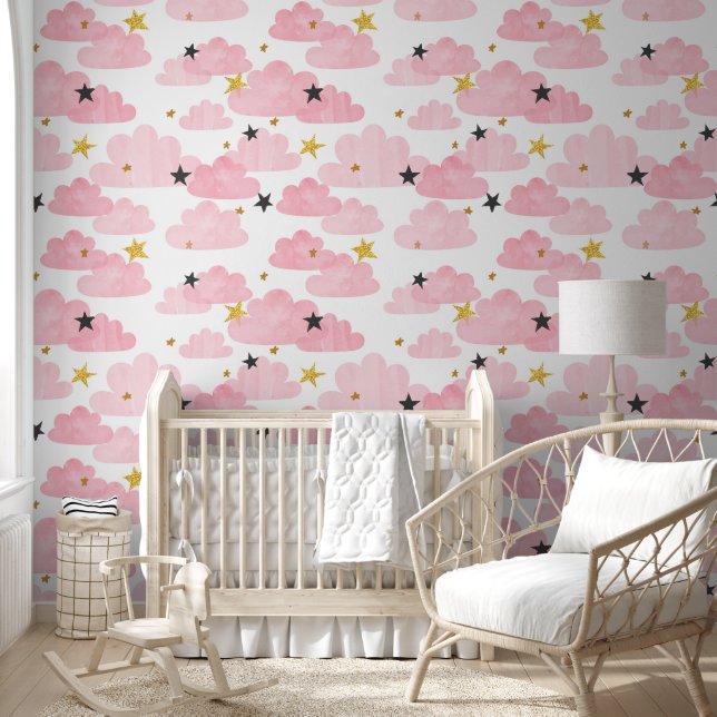 Papel Pintado Acuarela Nubes rosas Oro Estrellas Chica (Niños)