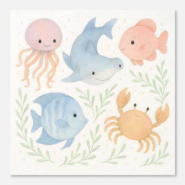 Papel Pintado Acuarela Océano Bebé Animales Cute Pasteles Nurser (Anverso)