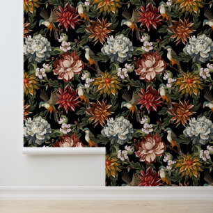 Papel Pintado Acuarela Peonías Vintage, Rosas Pájaros Floral Osc