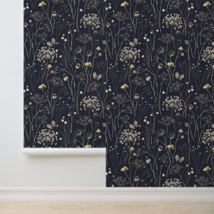 Papel Pintado Acuarela Plantas salvajes secas mariposas negro