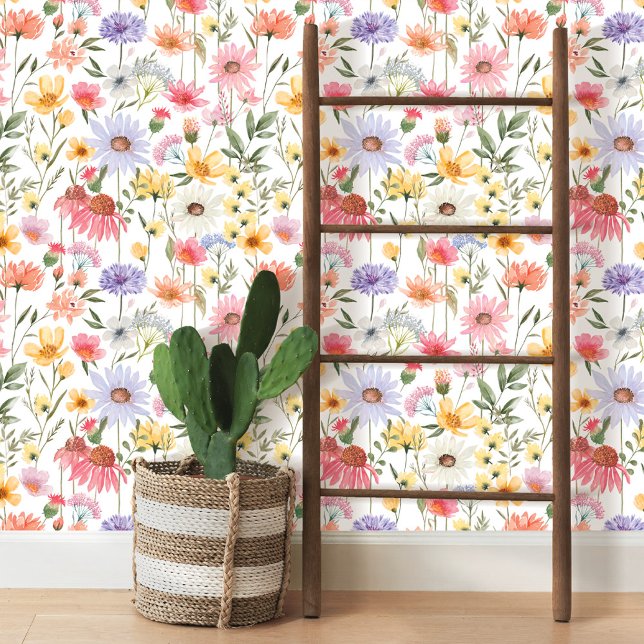 Papel Pintado Acuarela Plazas Florales Botánicas (Watercolor Botanical Wildflowers Floral Meadow Wallpaper)