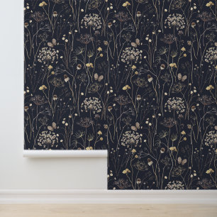 Papel Pintado Acuarela Seca Plantas Silvestres Mariposas Negro