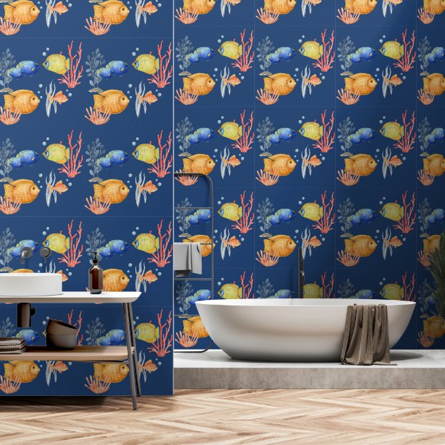 Papel Pintado Acuario Azul Oscuro de Peces Tropicales (Baño)