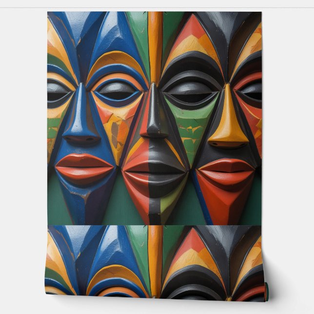 Papel Pintado African Tribal Mask Trio Dynamic Symmetry (Desenrollar)