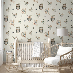 Papel Pintado Alegres pájaros boscosos acuarela Boho guardería