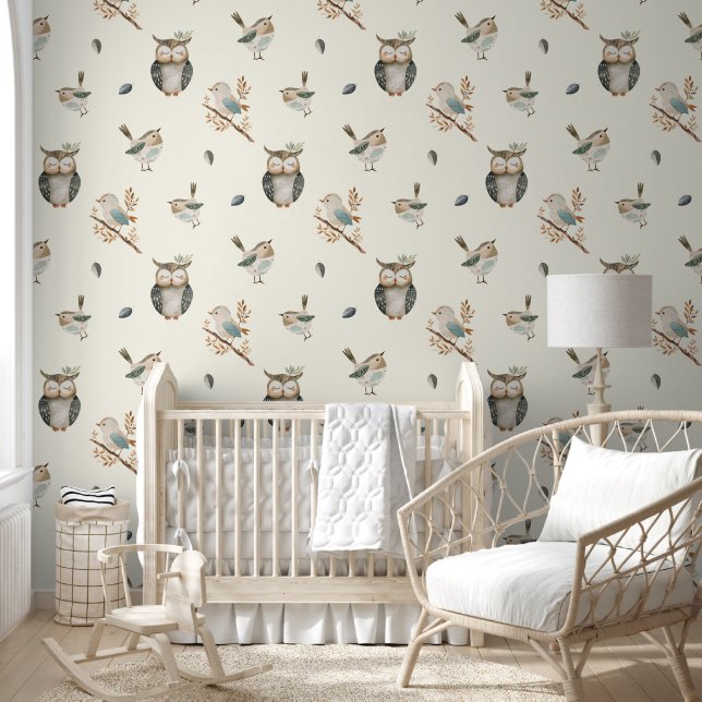Papel Pintado Alegres pájaros boscosos acuarela Boho guardería (Niños)