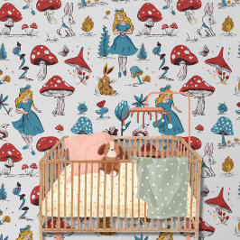 Papel Pintado Alicia caprichosa en conejo de hongos rojos en el