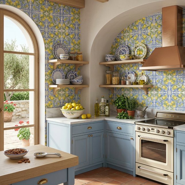 Papel Pintado Amalfi Coast Mediterranean Blue Tile Lemon Pattern (Amalfi Coast Mediterranean Blue Tile Lemon Pattern Wallpaper )