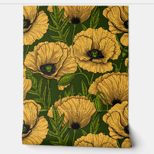 Papel Pintado Amapolas amarillas sobre verde oscuro