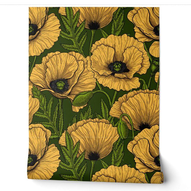 Papel Pintado Amapolas amarillas sobre verde oscuro (Desenrollar)