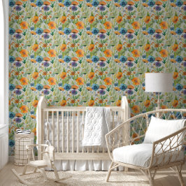 Papel Pintado Amapolas en acuarela amarillas y azules