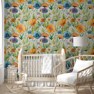 Papel Pintado Amapolas en acuarela amarillas y azules