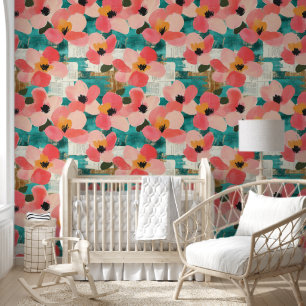 Papel Pintado Amapolas estilizadas rosadas y naranjas sobre azul
