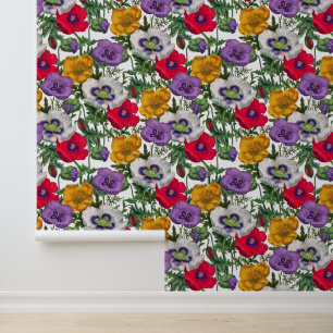 Papel Pintado Amapolas Lilas Rojas Blancas Amarillas y Hojas Ver