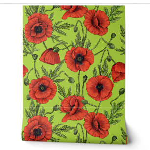 Papel Pintado Amapolas, rojas y verdes sobre verde lima