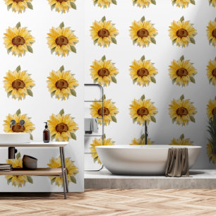 Papel Pintado Amarillo Verde Girasol Flor Arte Acuarela