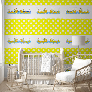 Papel pintado amarillo y blanco con patos de lunar