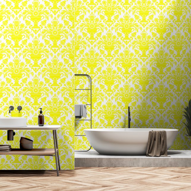 Papel Pintado Amarillo y blanco Damasco Coma y palo floral (Baño)