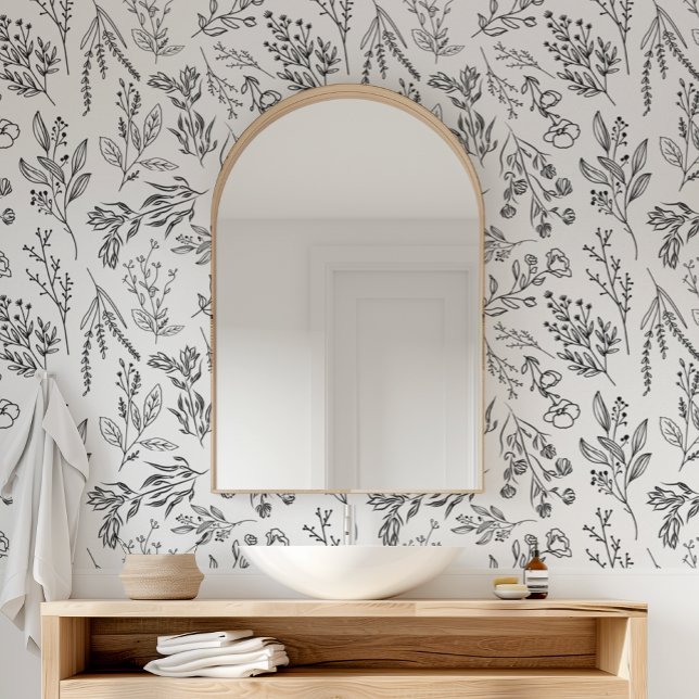 Papel Pintado AMELIA Floral Boho Flor Botánica Blanco Negro (AMELIA Floral Boho Botanical Flower Black White Wallpaper)