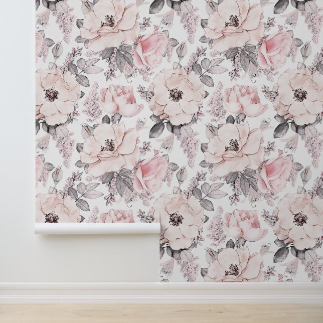 Papel Pintado Añadir su monograma | Patrón rosa y gris clásico (Solicitud)