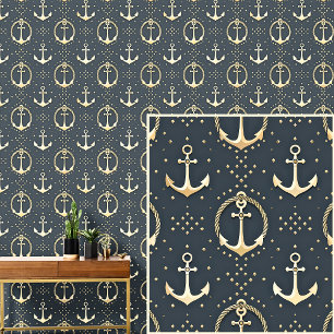 Papel Pintado Anclas de oro crema y pista sobre azul gris oscuro