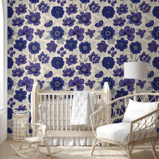 Papel Pintado Anémona Clásica Azul Marítimo Floral Sin Costuras