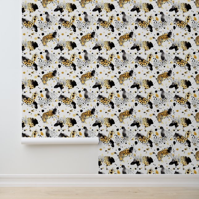 Papel Pintado Animal del Leopardo Dorado Blanco Negro (Solicitud)