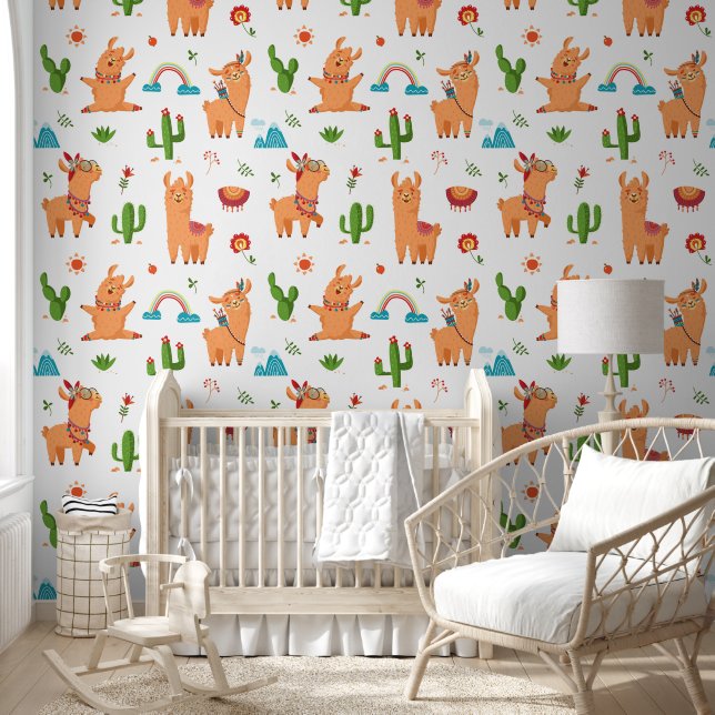 Papel Pintado Animal divertido de Llama y Cactus (Niños)