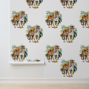 Papel Pintado Animal tigre con hojas