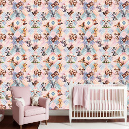Papel Pintado Animales bebés en un diamante pastel