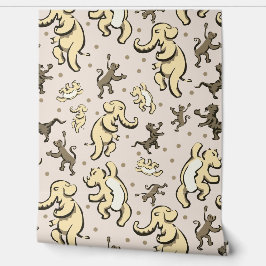 Papel Pintado Animales Cutos bailan con guardería de crema beige