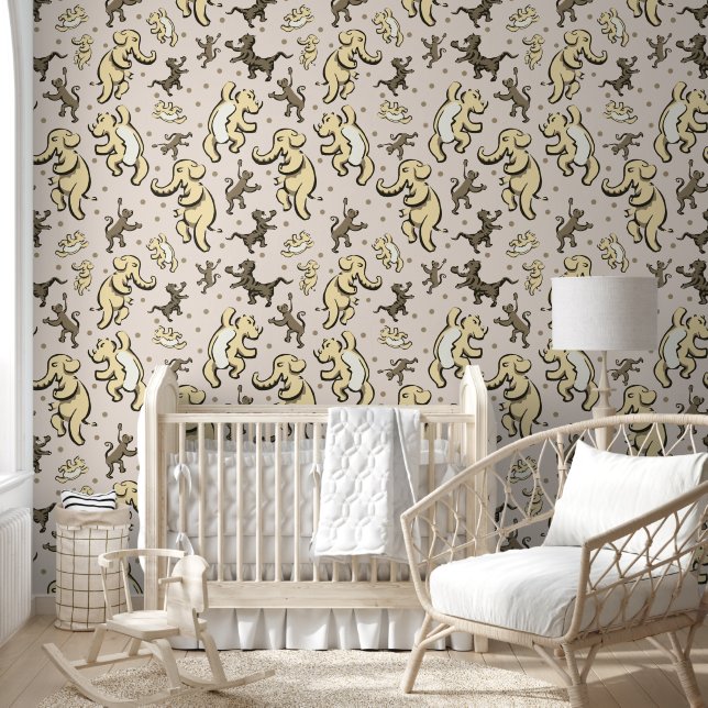Papel Pintado Animales Cutos bailan con guardería de crema beige (Niños)