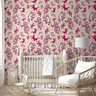 Papel Pintado Animales Cutos bailan Nursera de Crema Rosa