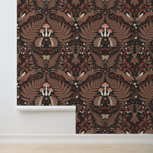 Papel Pintado Animales de bosque y plantas en rojo y marrón
