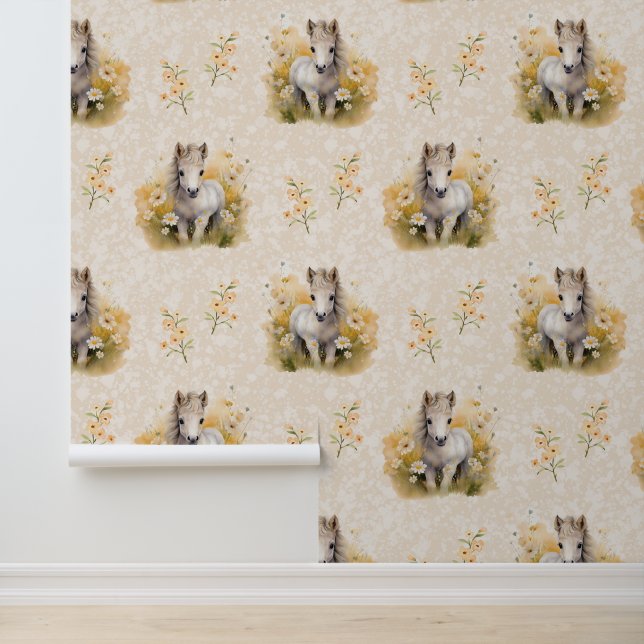 Papel Pintado Animales de granja beben flores blancas de caballo (Solicitud)