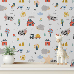 Papel Pintado Animales de granja Granero Rojo Nursery Peel and S